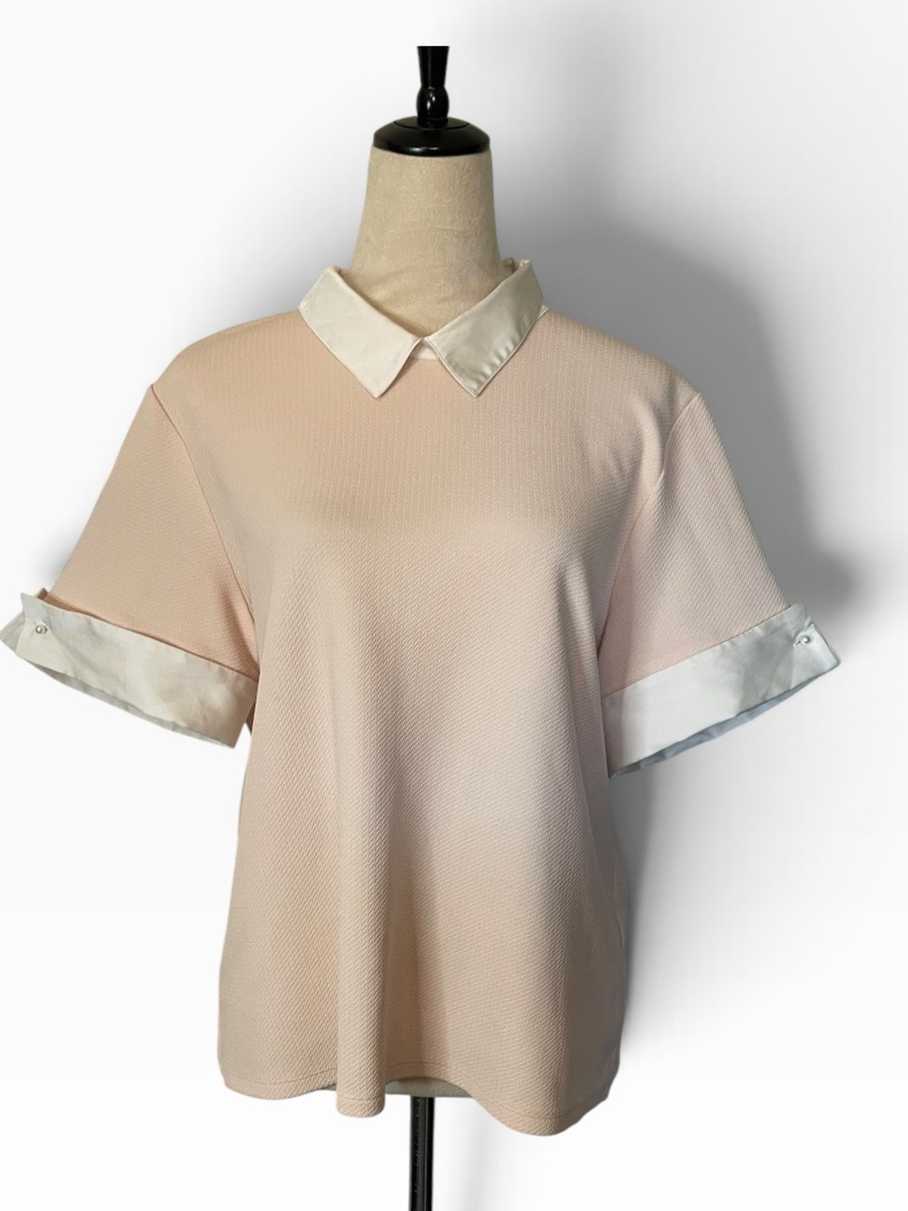 Karl Lagerfeld Blush Pink Short-Sleeve Button-Down Top with White Collar